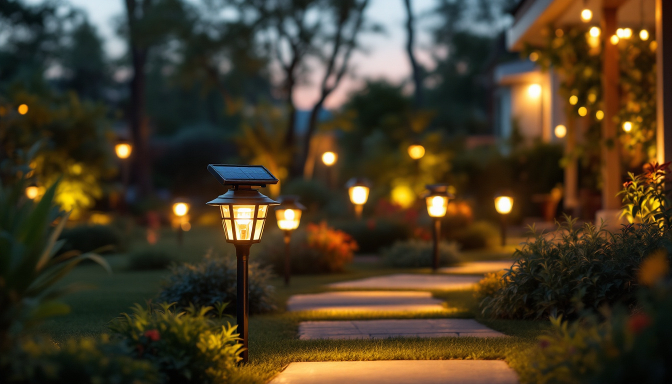 A photograph of a beautifully illuminated outdoor space featuring various styles of drive solar lights in use