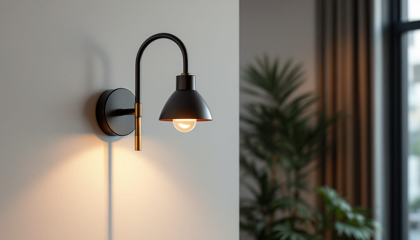 A photograph of a stylish gooseneck wall sconce installed in a modern interior setting