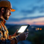 A photograph of a lighting contractor installing solar flood lights in an outdoor setting