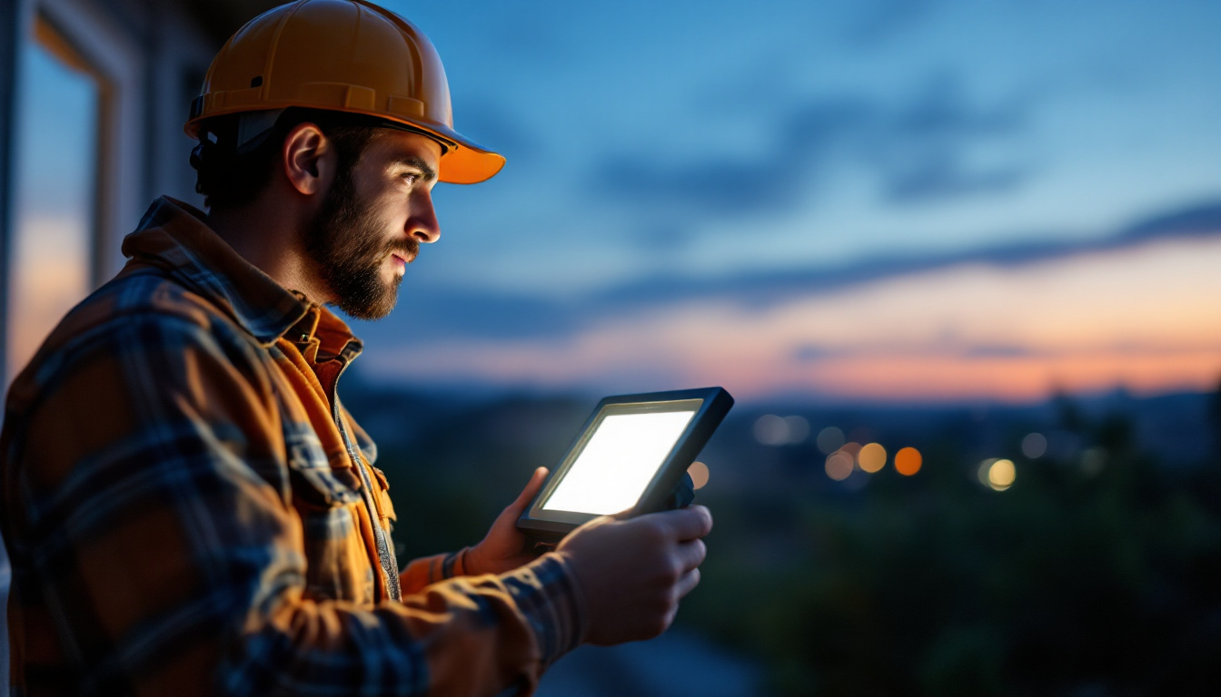 A photograph of a lighting contractor installing solar flood lights in an outdoor setting