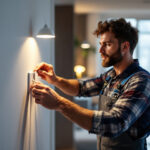 A photograph of a skilled lighting contractor installing or inspecting an appliance plug in a modern home setting
