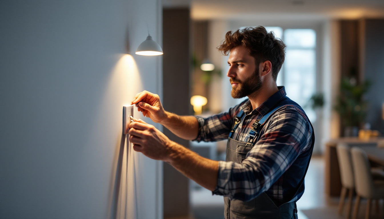 A photograph of a skilled lighting contractor installing or inspecting an appliance plug in a modern home setting