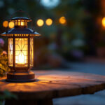 A photograph of a beautifully designed large solar-powered lantern illuminated in a serene outdoor setting