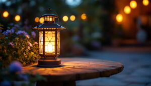 A photograph of a beautifully designed large solar-powered lantern illuminated in a serene outdoor setting