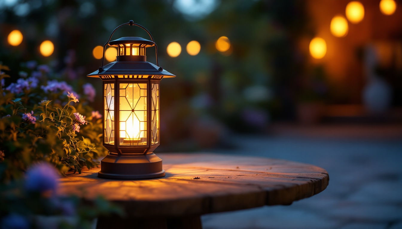 A photograph of a beautifully designed large solar-powered lantern illuminated in a serene outdoor setting