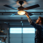 A photograph of a well-lit garage featuring a stylish ceiling fan in action