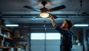 A photograph of a well-lit garage featuring a stylish ceiling fan in action