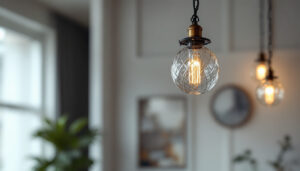A photograph of a beautifully designed hanging lamp with an elegant chain