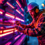 A photograph of a lighting contractor installing vibrant led light strips on a vehicle
