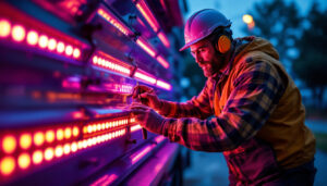 A photograph of a lighting contractor installing vibrant led light strips on a vehicle