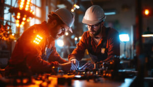 A photograph of a lighting contractor working with led lights in a modern workspace