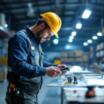 A photograph of a lighting contractor efficiently working in a well-organized warehouse