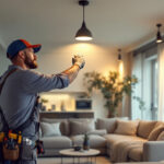 A photograph of a lighting contractor skillfully installing dimmable can lights in a beautifully designed residential space