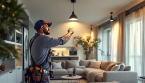 A photograph of a lighting contractor skillfully installing dimmable can lights in a beautifully designed residential space