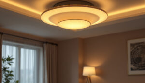 A photograph of a modern ceiling light fixture elegantly installed in a stylish interior setting