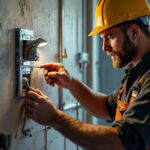 A photograph of a skilled lighting contractor examining a two gang bell box installation in a well-lit environment