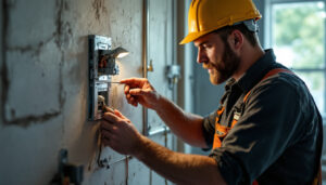 A photograph of a skilled lighting contractor examining a two gang bell box installation in a well-lit environment