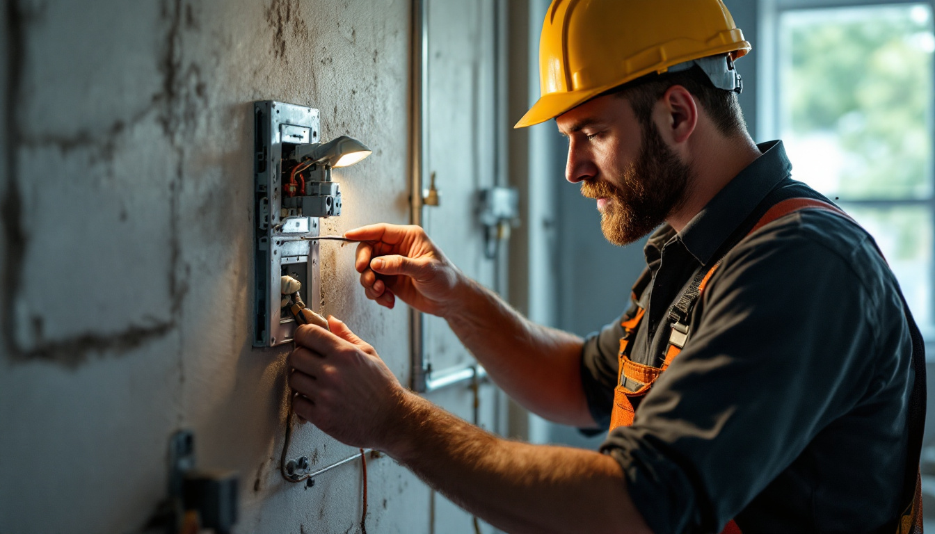 A photograph of a skilled lighting contractor examining a two gang bell box installation in a well-lit environment