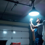 A photograph of a well-lit garage space featuring an led garage lamp in action