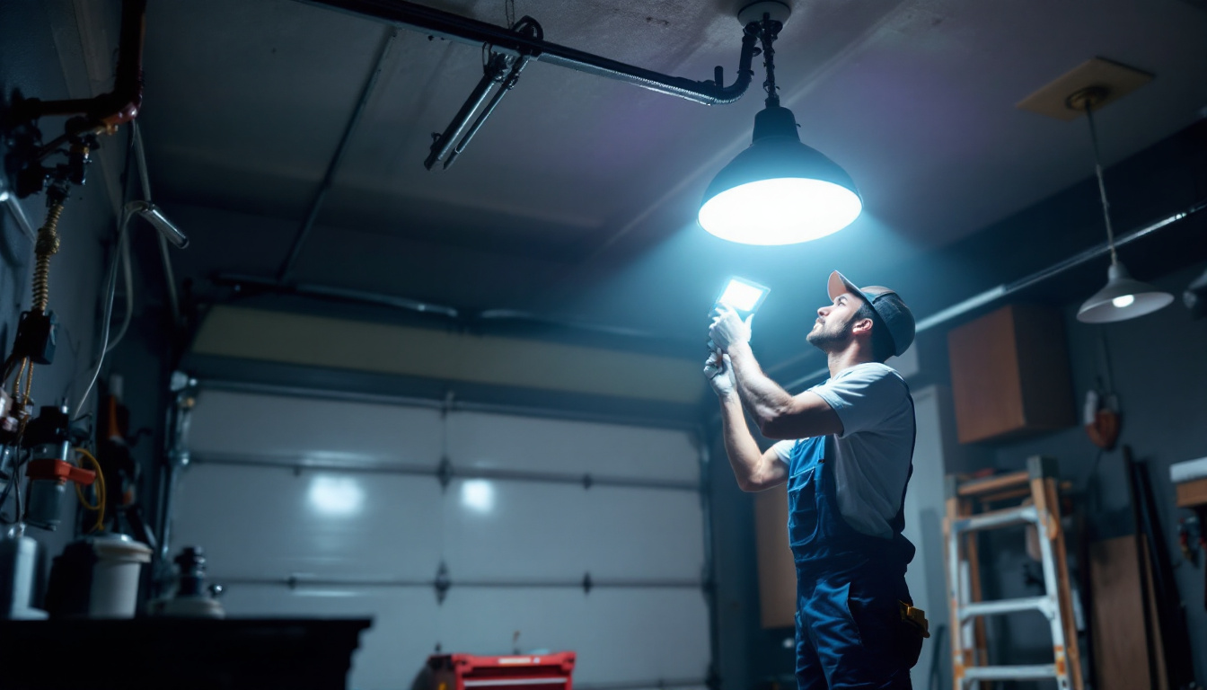 A photograph of a well-lit garage space featuring an led garage lamp in action