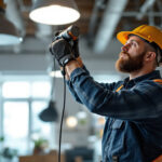 A photograph of a lighting contractor at work