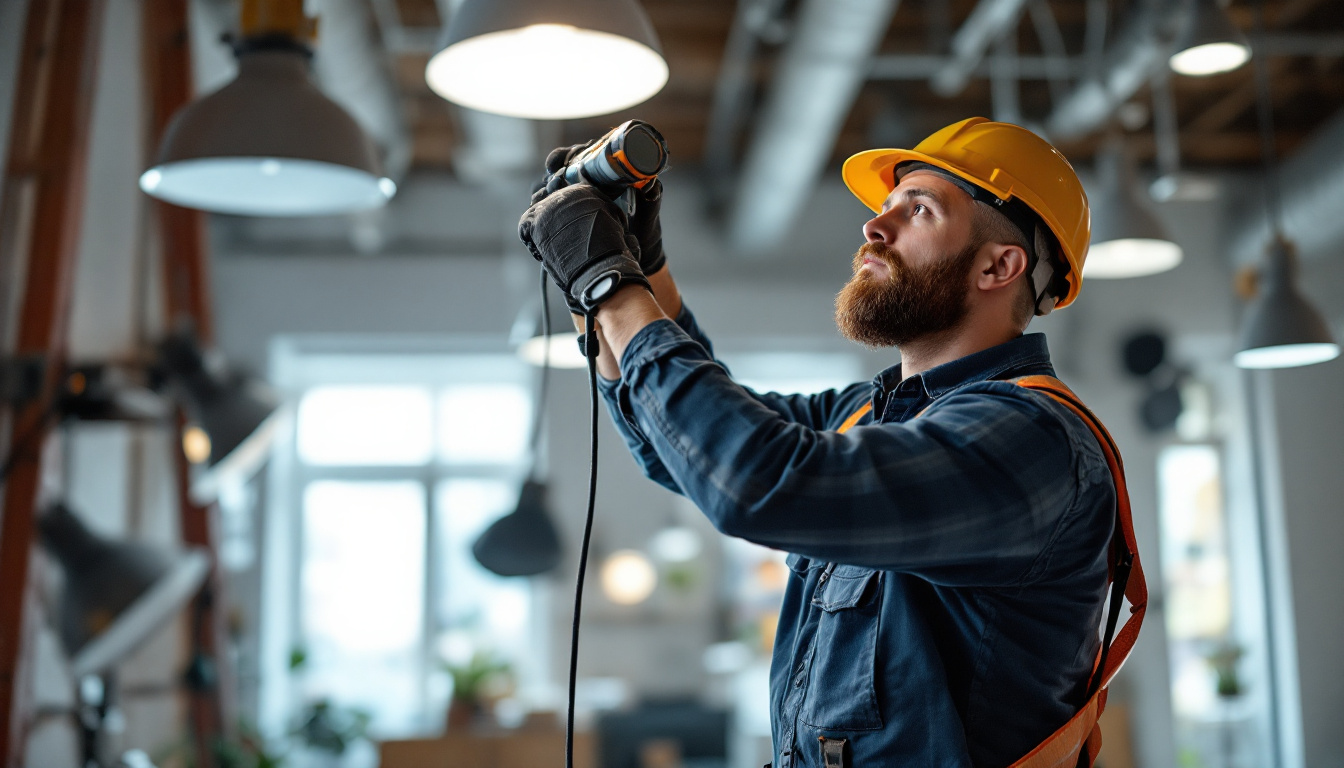 A photograph of a lighting contractor at work