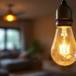 A photograph of a standard base light bulb in a well-lit setting