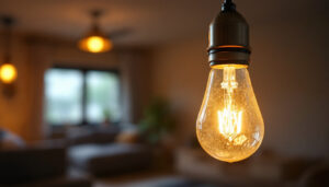 A photograph of a standard base light bulb in a well-lit setting