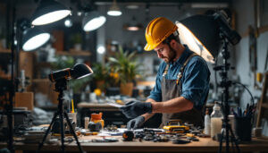 A photograph of a lighting contractor efficiently working on a project