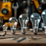 A photograph of capture a photograph of various light bulb base types displayed alongside a lighting contractor's tools