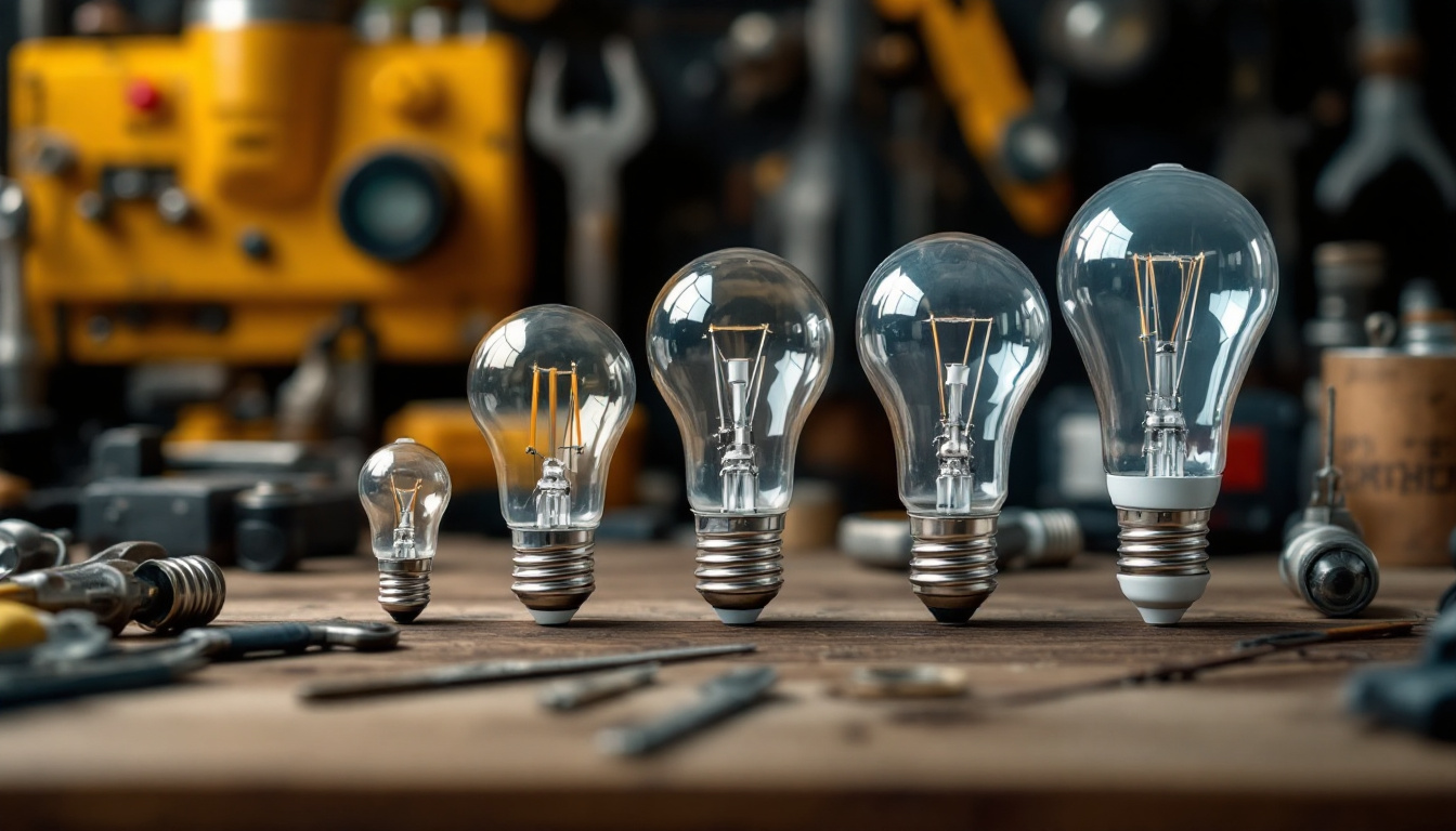 A photograph of capture a photograph of various light bulb base types displayed alongside a lighting contractor's tools