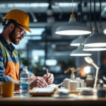 A photograph of a lighting contractor inspecting various types of scone lighting fixtures in a well-lit
