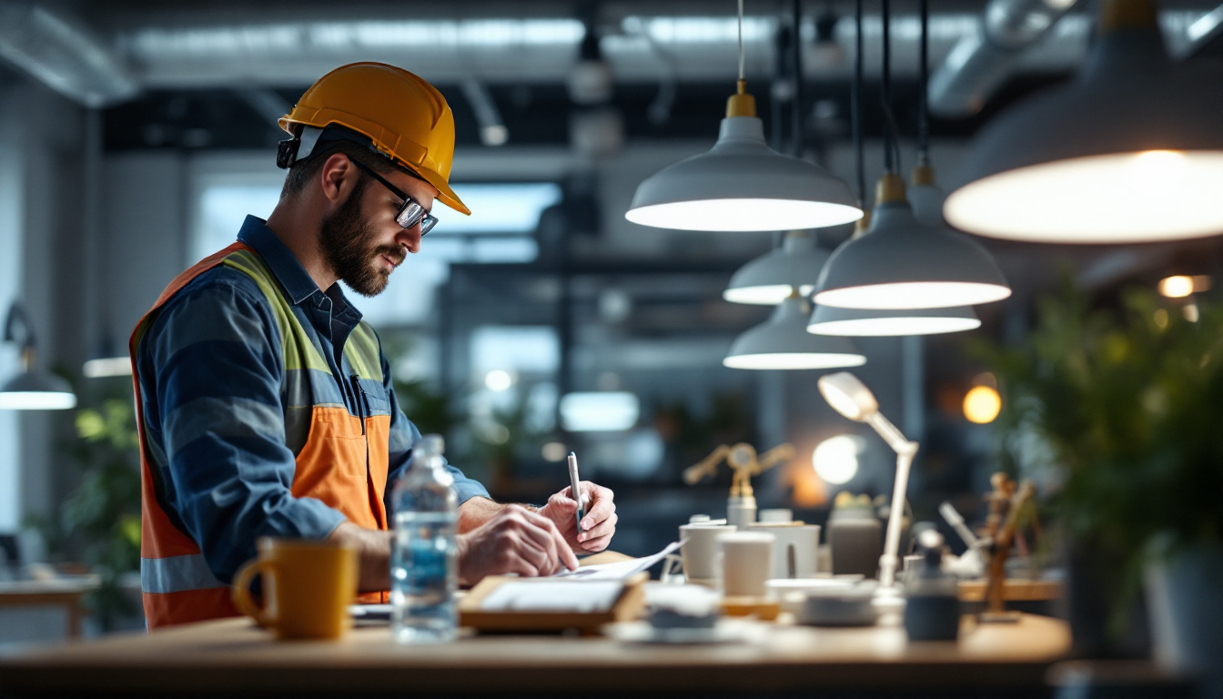 A photograph of a lighting contractor inspecting various types of scone lighting fixtures in a well-lit