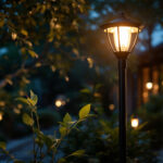 A photograph of a beautifully illuminated outdoor space featuring a stylish pole light
