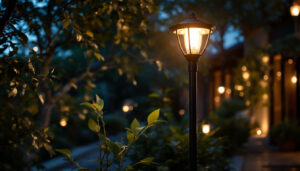 A photograph of a beautifully illuminated outdoor space featuring a stylish pole light