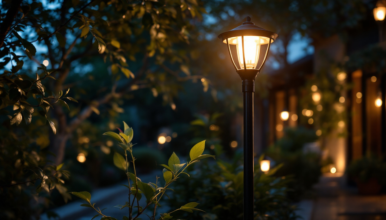 A photograph of a beautifully illuminated outdoor space featuring a stylish pole light
