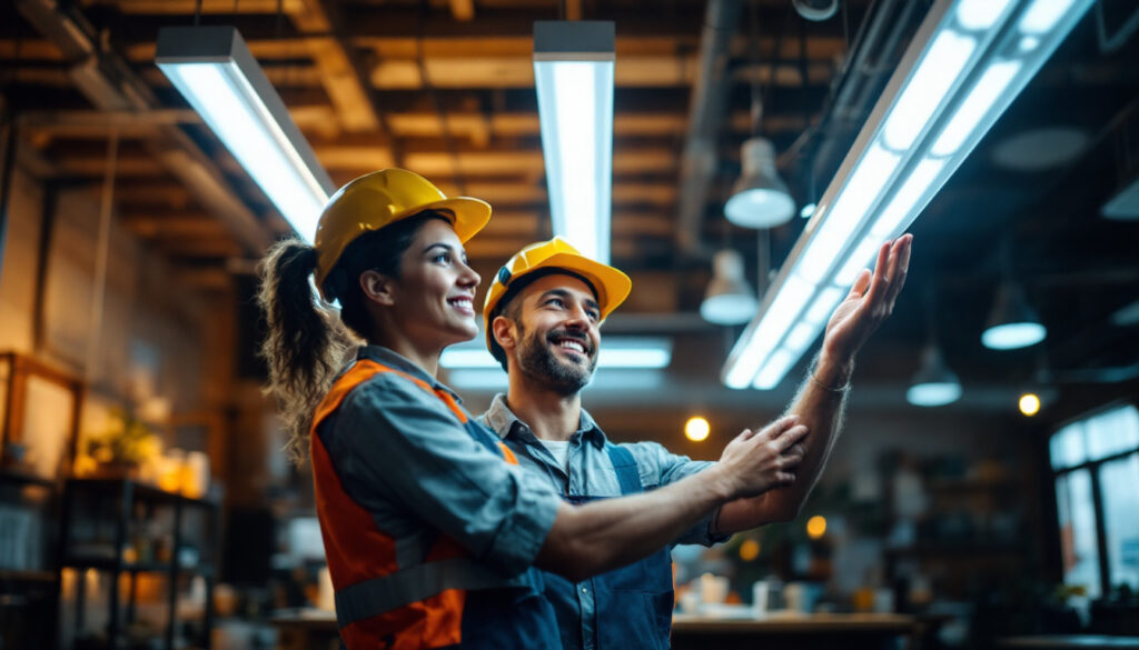 A photograph of a lighting contractor showcasing a vibrant fluorescent light installation in a commercial space