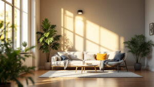 A photograph of a well-lit interior space showcasing solar lights integrated into the home decor