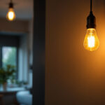 A photograph of a lighting contractor skillfully installing a flicker light bulb in a modern home setting
