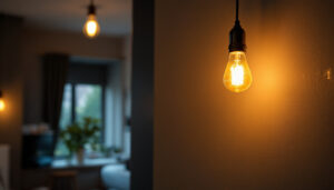 A photograph of a lighting contractor skillfully installing a flicker light bulb in a modern home setting