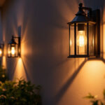 A photograph of a beautifully illuminated exterior wall featuring stylish lantern wall lights in a cozy outdoor setting