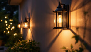 A photograph of a beautifully illuminated exterior wall featuring stylish lantern wall lights in a cozy outdoor setting