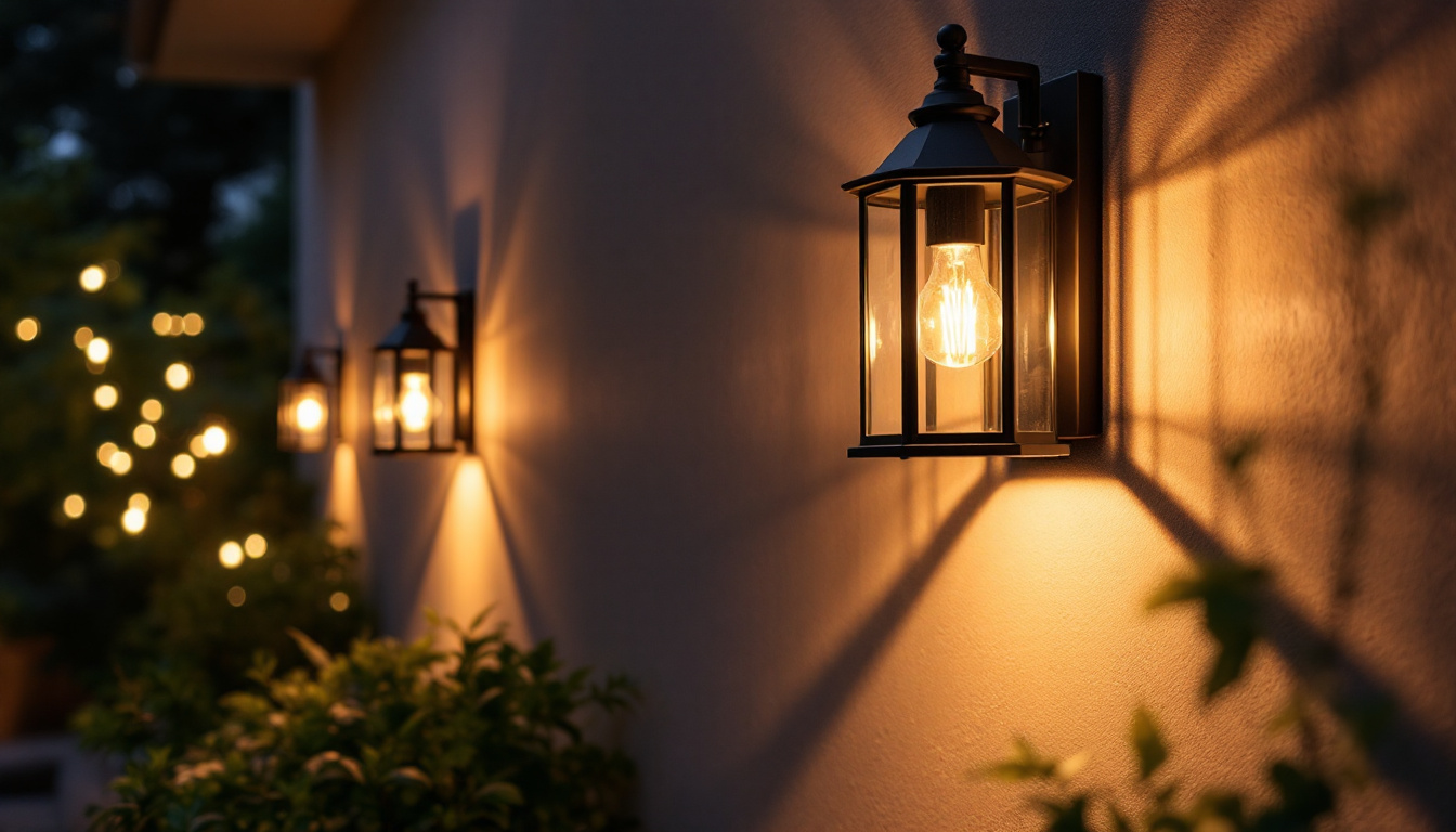 A photograph of a beautifully illuminated exterior wall featuring stylish lantern wall lights in a cozy outdoor setting