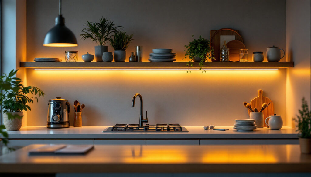 A photograph of a beautifully designed kitchen or workspace featuring stylish under-shelf lighting that highlights the shelves and creates a warm