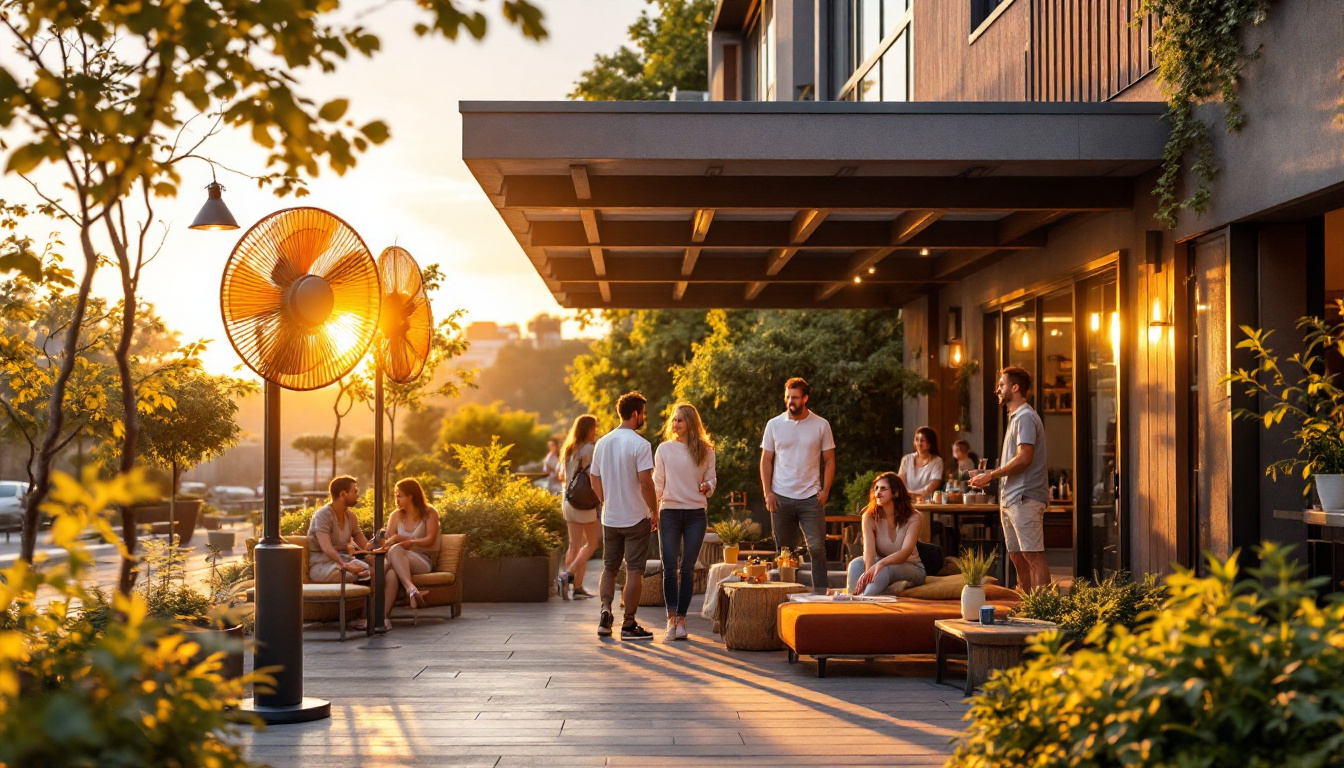 A photograph of a well-designed outdoor space featuring stylish commercial outdoor fans in use