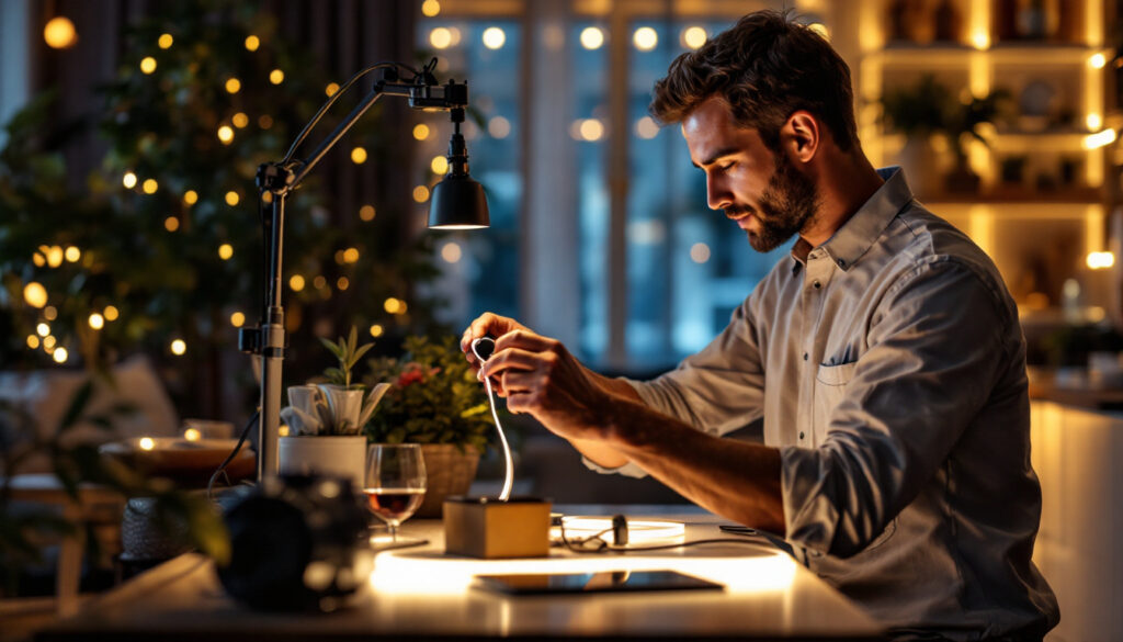 A photograph of a lighting professional installing or adjusting a led tape dimmer in a stylish interior setting