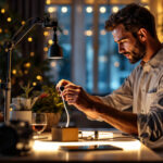 A photograph of a lighting professional installing or adjusting a led tape dimmer in a stylish interior setting
