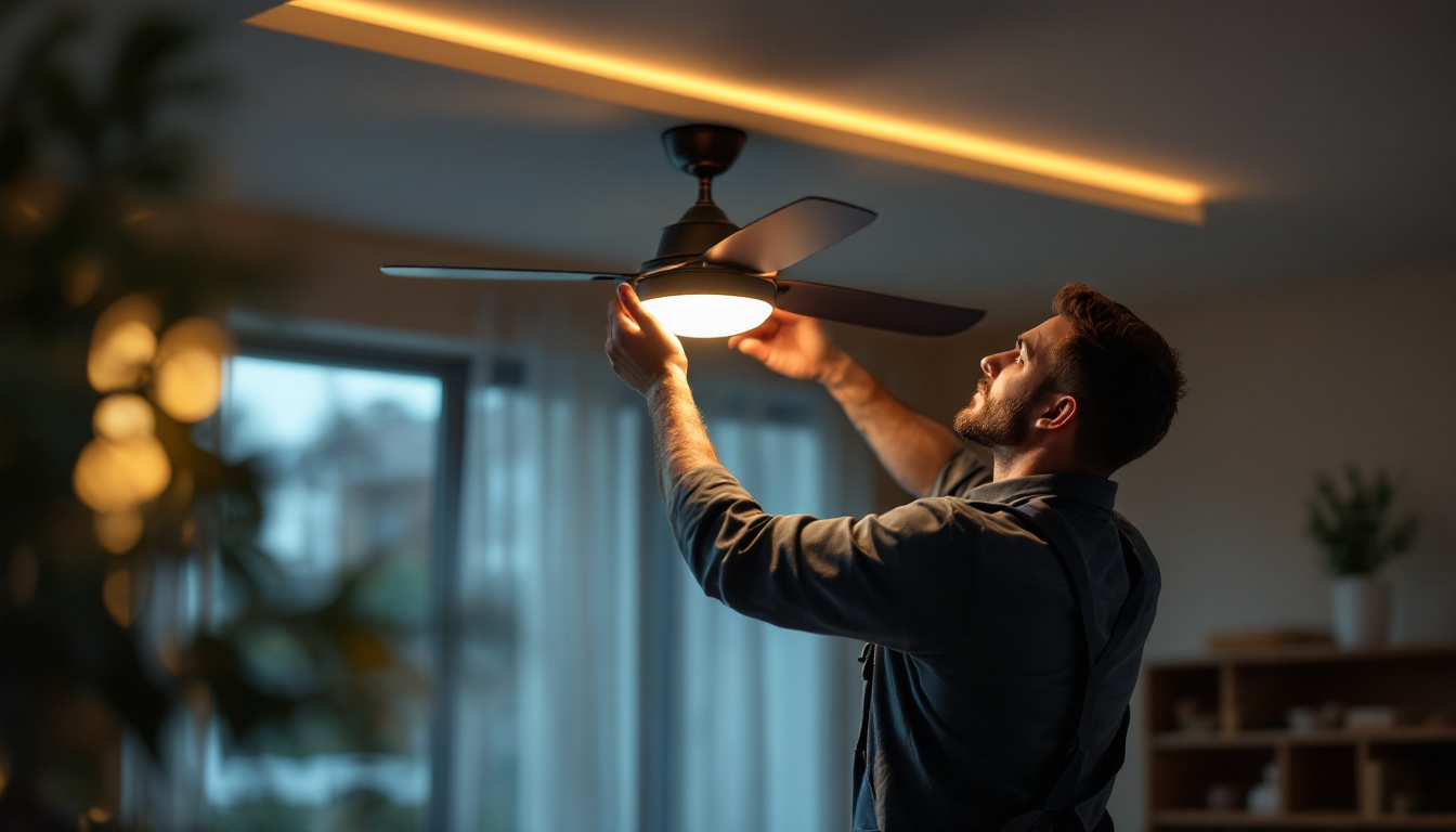A photograph of a skilled lighting contractor installing or adjusting a modern ceiling fan with integrated smart lighting features in a stylish living space