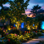 A photograph of a lighting contractor installing solar up lighting in a beautifully landscaped outdoor space