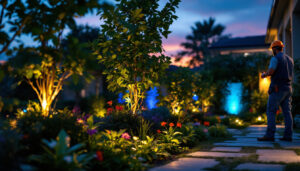 A photograph of a lighting contractor installing solar up lighting in a beautifully landscaped outdoor space